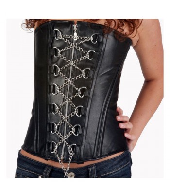 Women Goth Overbust Corset Front Lacing Iron Chain Cloth 